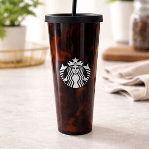 Starbucks 24oz Venti Reusable Tortoiseshell Plastic Cold Cup w/ Straw NEW